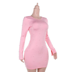 Crewneck long sleeve beaded backless mini dress