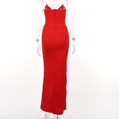 Zip-up solid v neck backless slit tube maxi dress  | red tango dress