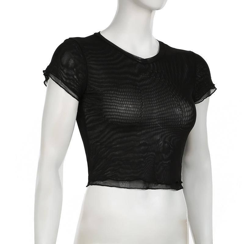 Short sleeve sheer mesh ruffle crop top