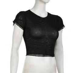 Short sleeve sheer mesh ruffle crop top