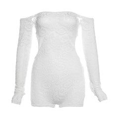Long sleeve off shoulder backless lace see through romper