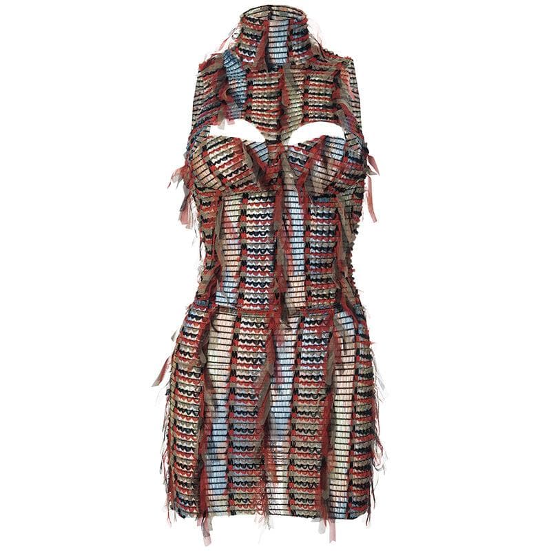 High neck textured backless hollow out cut out mini dress  | red tango dress