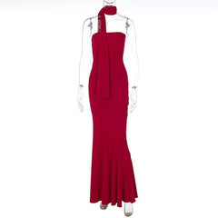 Ribbed ruffle solid backless sleeveless tube maxi dress  | red tango dress