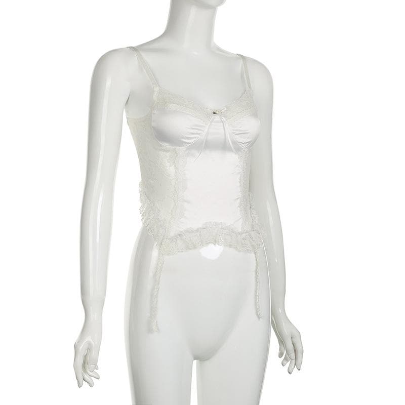 Satin patchwork lace bowknot ruffle ruched cami top