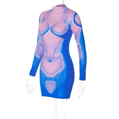 Long sleeve abstract contrast turtle neck mini dress  | red tango dress