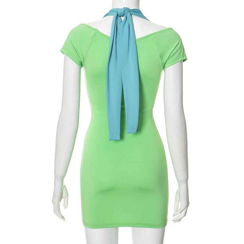 Short sleeve low cut patchwork knotted mini dress