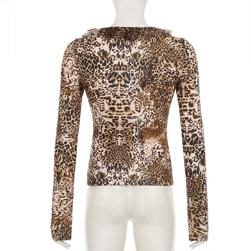 Long sleeve leopard print ruffle top