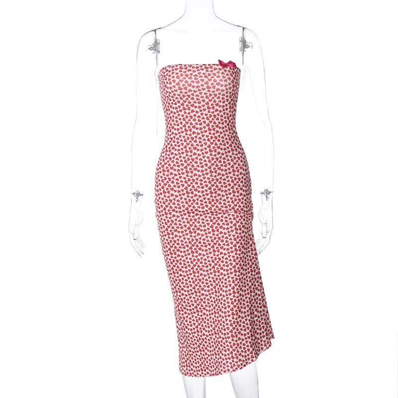 Heart print contrast slit bowknot backless tube midi dress  | red tango dress