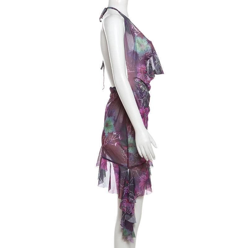 Halter cowl neck beaded sheer mesh print mini dress  | samba dress