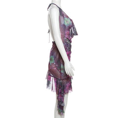 Halter cowl neck beaded sheer mesh print mini dress  | samba dress