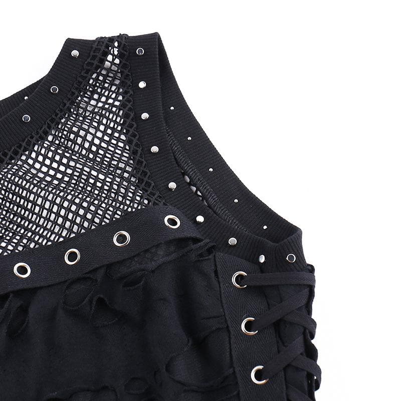 Crewneck fishnet buckle hollow out lace up tank cut out top