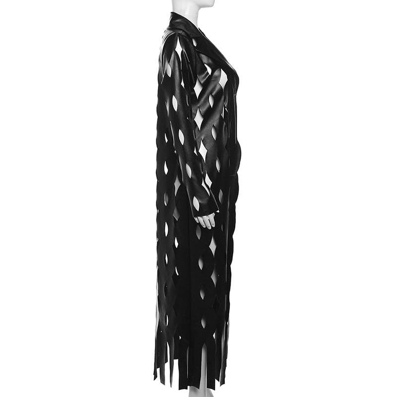 Turnover collar hollow out PU leather long sleeve coat cut out top