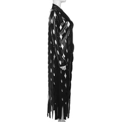 Turnover collar hollow out PU leather long sleeve coat cut out top