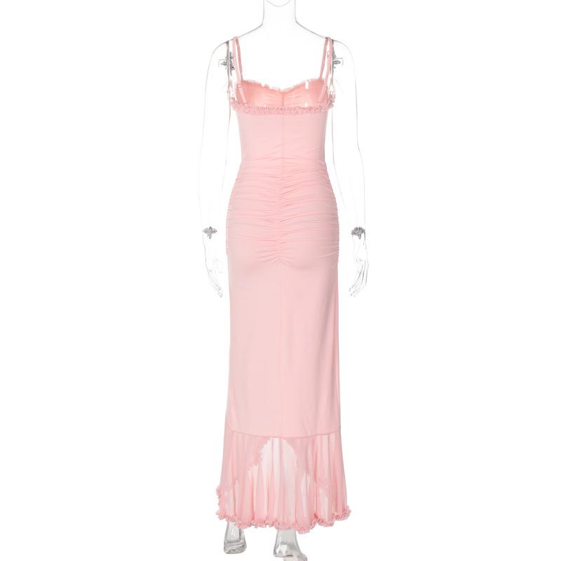 Ruffle high slit ruched hollow out cami maxi dress