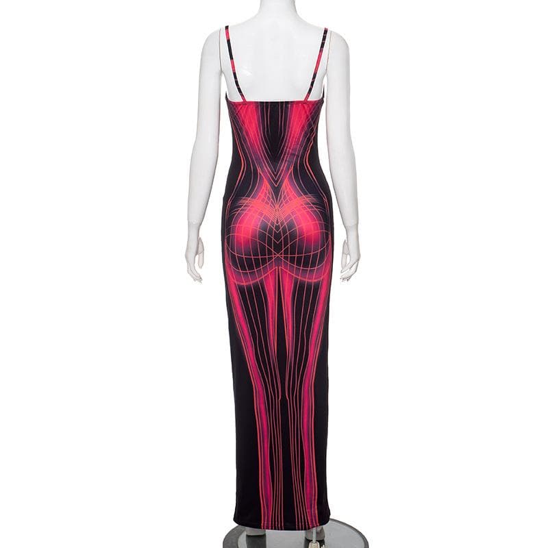 Body print contrast square neck backless cami maxi dress  | red tango dress