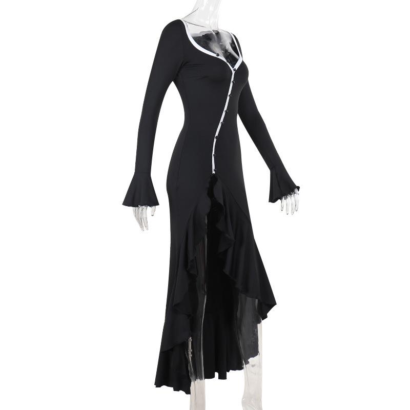 Long flared sleeve v neck button slit ruffle maxi dress