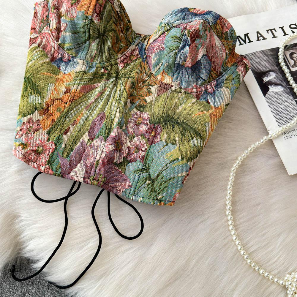 Sweetheart neck lace up bustier flower print top
