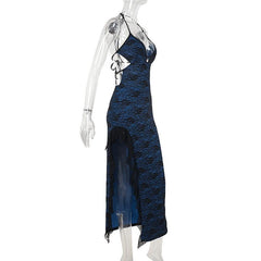 Halter v neck lace hem slit print midi dress