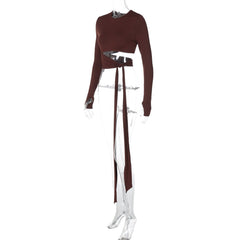 Long sleeve crewneck hollow out knotted top