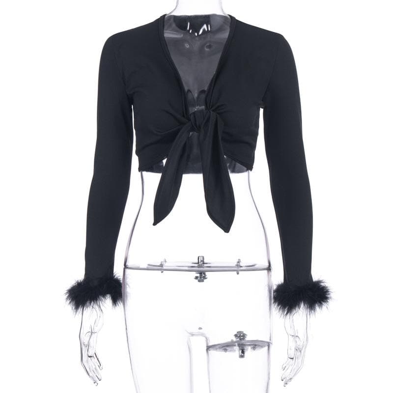 Feather knotted mesh see through long sleeve crop top