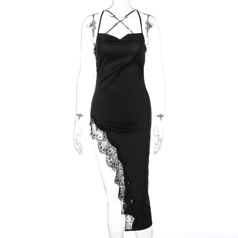 Hem lace slit satin cross open back dress  | black rave dress  | black rave dress