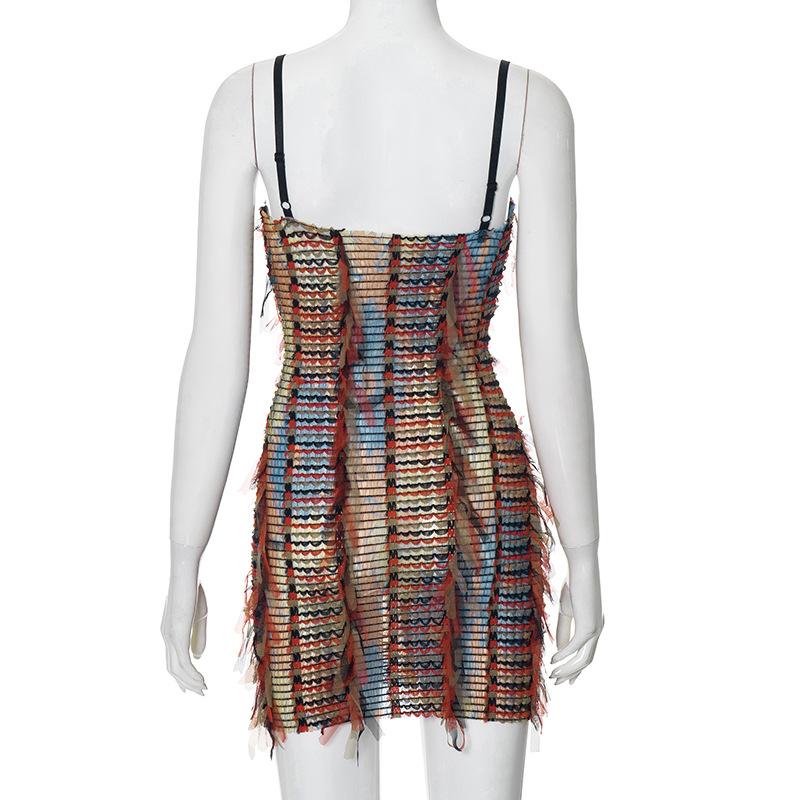 Mesh ruffle stitch contrast textured cami mini dress  | red tango dress