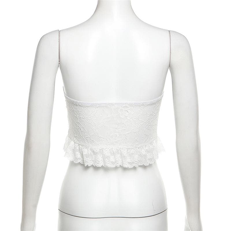 Velvet bowknot contrast lace ruffle backless tube crop top