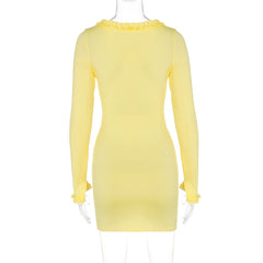 Long sleeve v neck hollow out ruffle mini dress