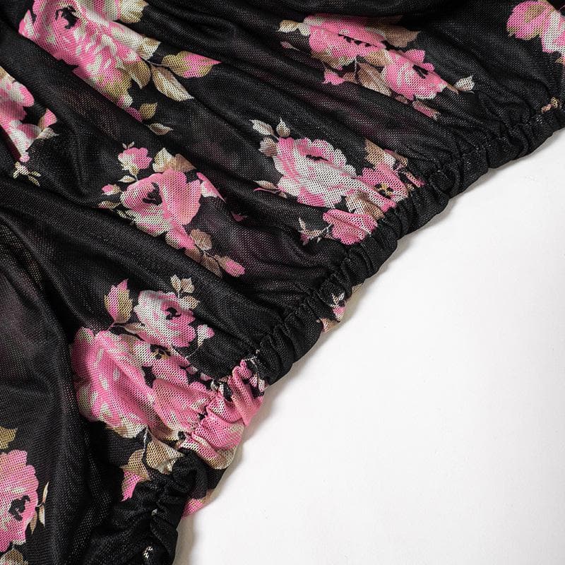 Long flared sleeve cowl neck ruffle flower print sheer mesh mini dress  | samba dress