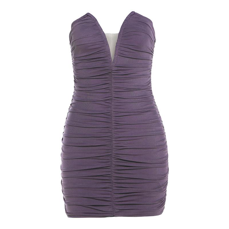 V neck ruched solid mesh tube mini dress