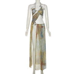 Halter drawstring tie dye irregular sheer mesh maxi dress  | samba dress