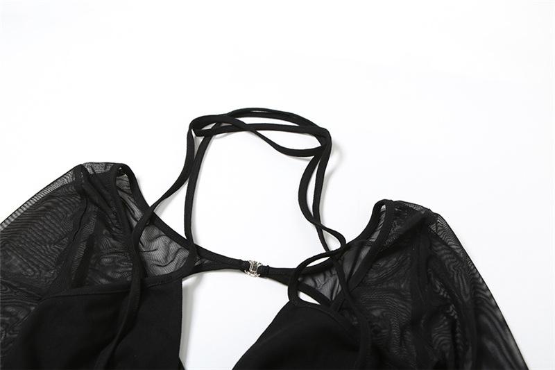 Halter long sleeve mesh hollow out bodysuit