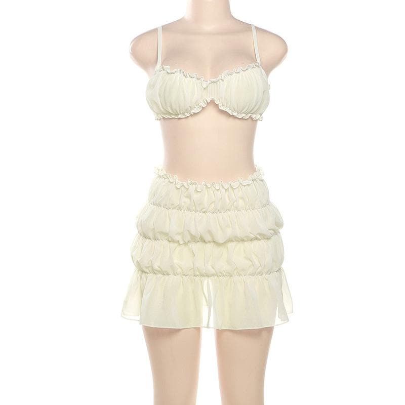 Ruffle ruched solid cami mini skirt set