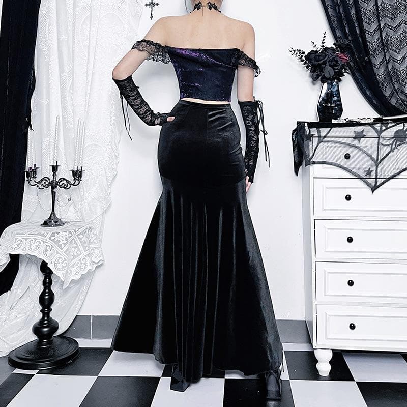 Velvet embroidery flower applique lace hem ruched maxi skirt
