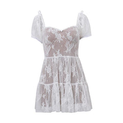 Short puff sleeve bowknot lace ruffle mini dress