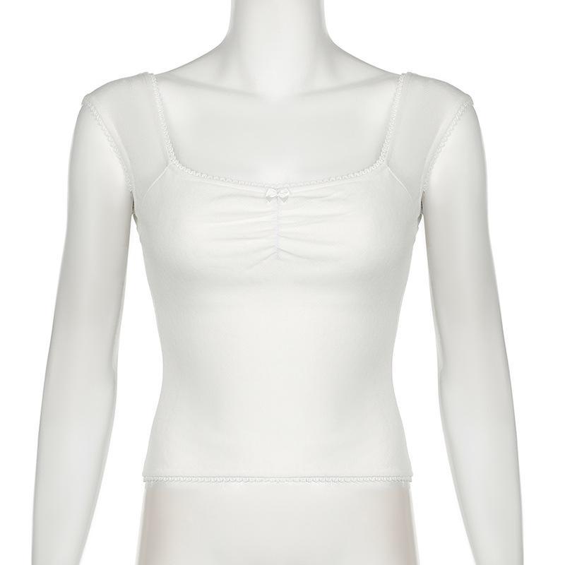 Cap sleeve ribbed bowknot textured lace hem top