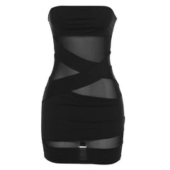 Cross front solid mesh backless patchwork tube mini dress  | black rave dress  | black rave dress