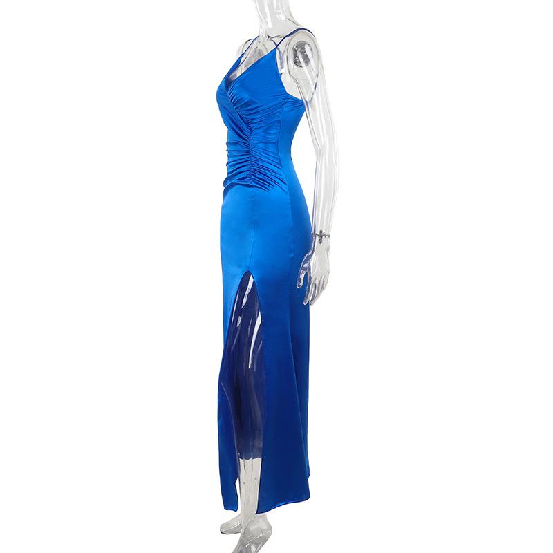 V neck ruched slit zip-up cami maxi dress