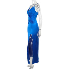 V neck ruched slit zip-up cami maxi dress
