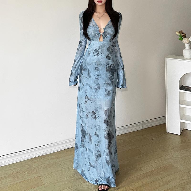 Long sleeve sheer mesh v neck print maxi dress  | samba dress