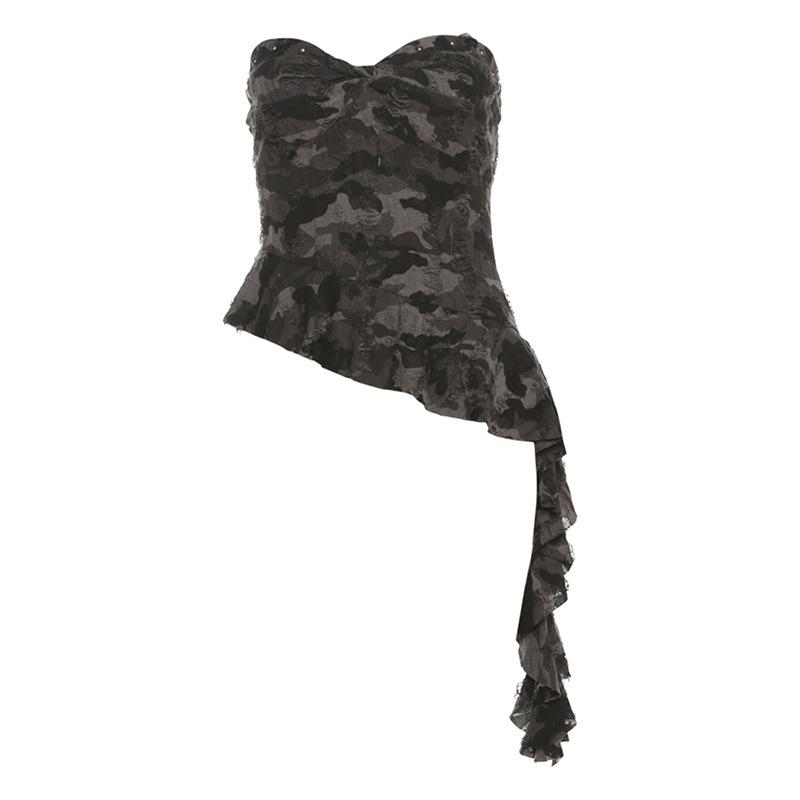 Irregular ruffled sweetheart neck camouflage backless tube top