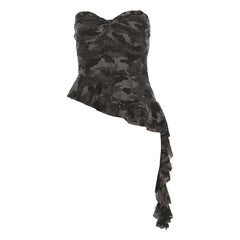 Irregular ruffled sweetheart neck camouflage backless tube top