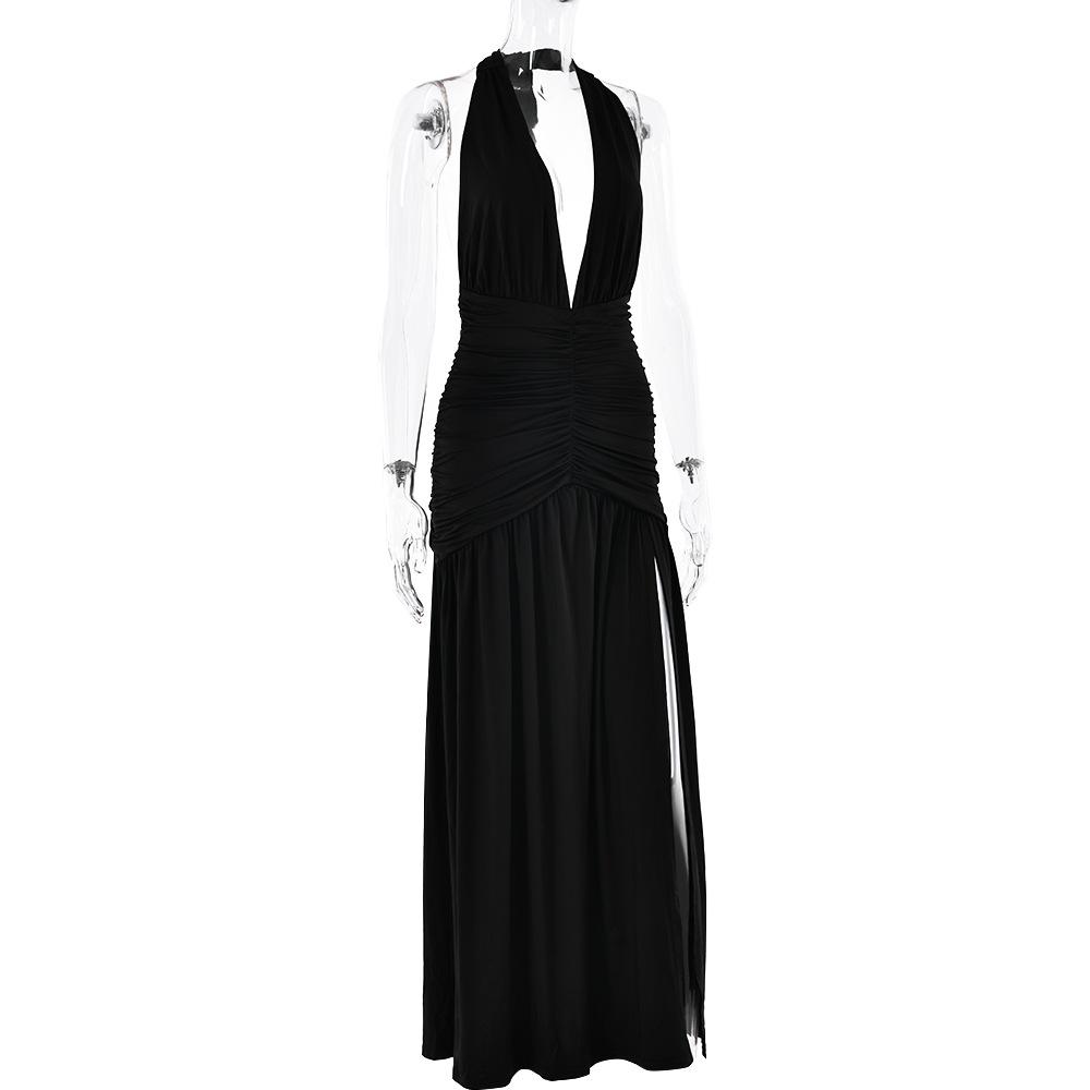Halter deep v neck backless high slit maxi dress