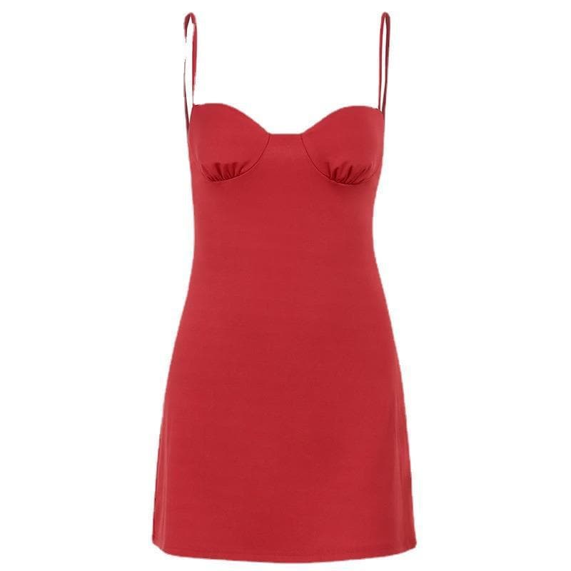 Sweetheart neck ruched solid backless cami mini dress  | red tango dress