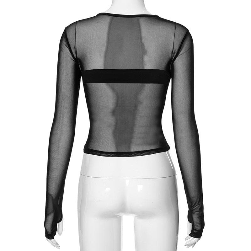 Long sleeve mesh patchwork crewneck gloves top