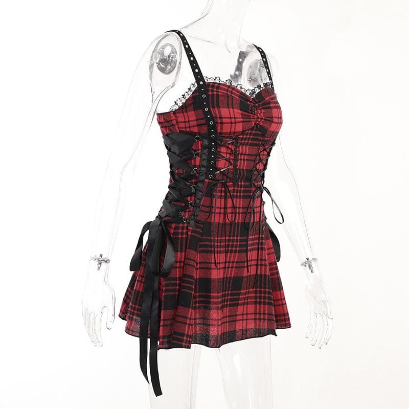 Backless ruched lace hem plaid lace up zip-up mini dress  | red tango dress