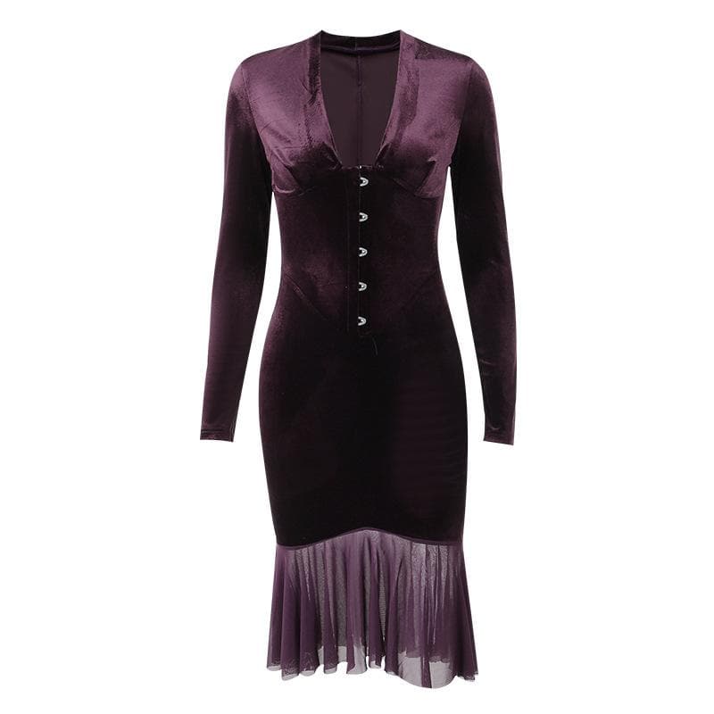 Velvet button ruffle long sleeve v neck solid midi dress  | red tango dress