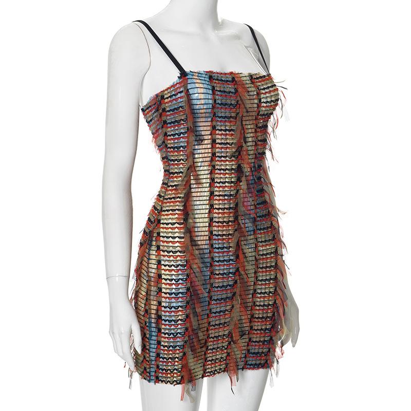 Mesh ruffle stitch contrast textured cami mini dress  | red tango dress