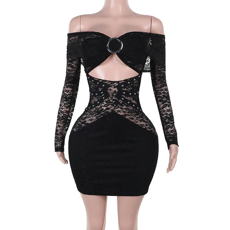 Off shoulder long sleeve o ring lace hollow out mini dress