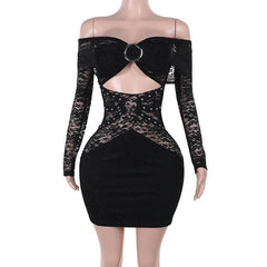 Off shoulder long sleeve o ring lace hollow out mini dress